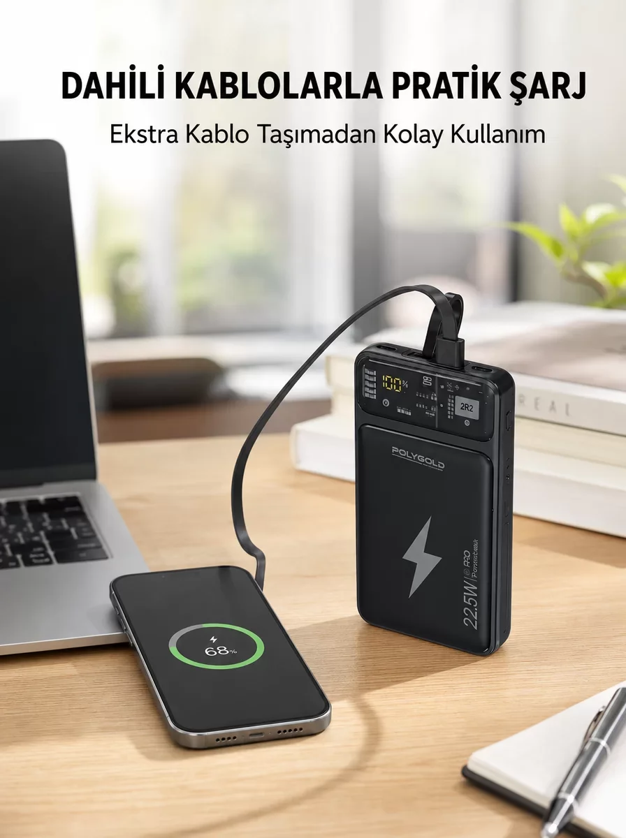 Yeni Nesil 10000 mAh Powerbank - 22.5W Hızlı Şarj ve Dahili Kablo