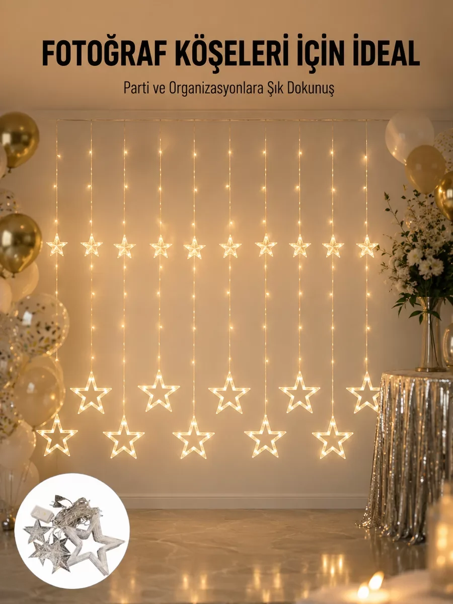 Yeni Nesil 3x3 Metre Dekoratif Yıldız Peri Led Perde - Ortam Işığı ve Sıcak Atmosfer