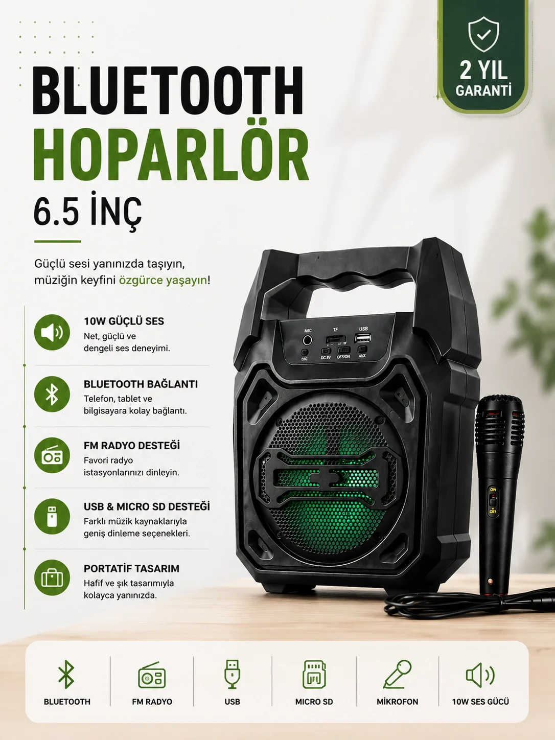 Yeni Nesil 6.5 İnç Bluetooth Hoparlör Mikrofonlu Taşınabilir Ses Sistemi