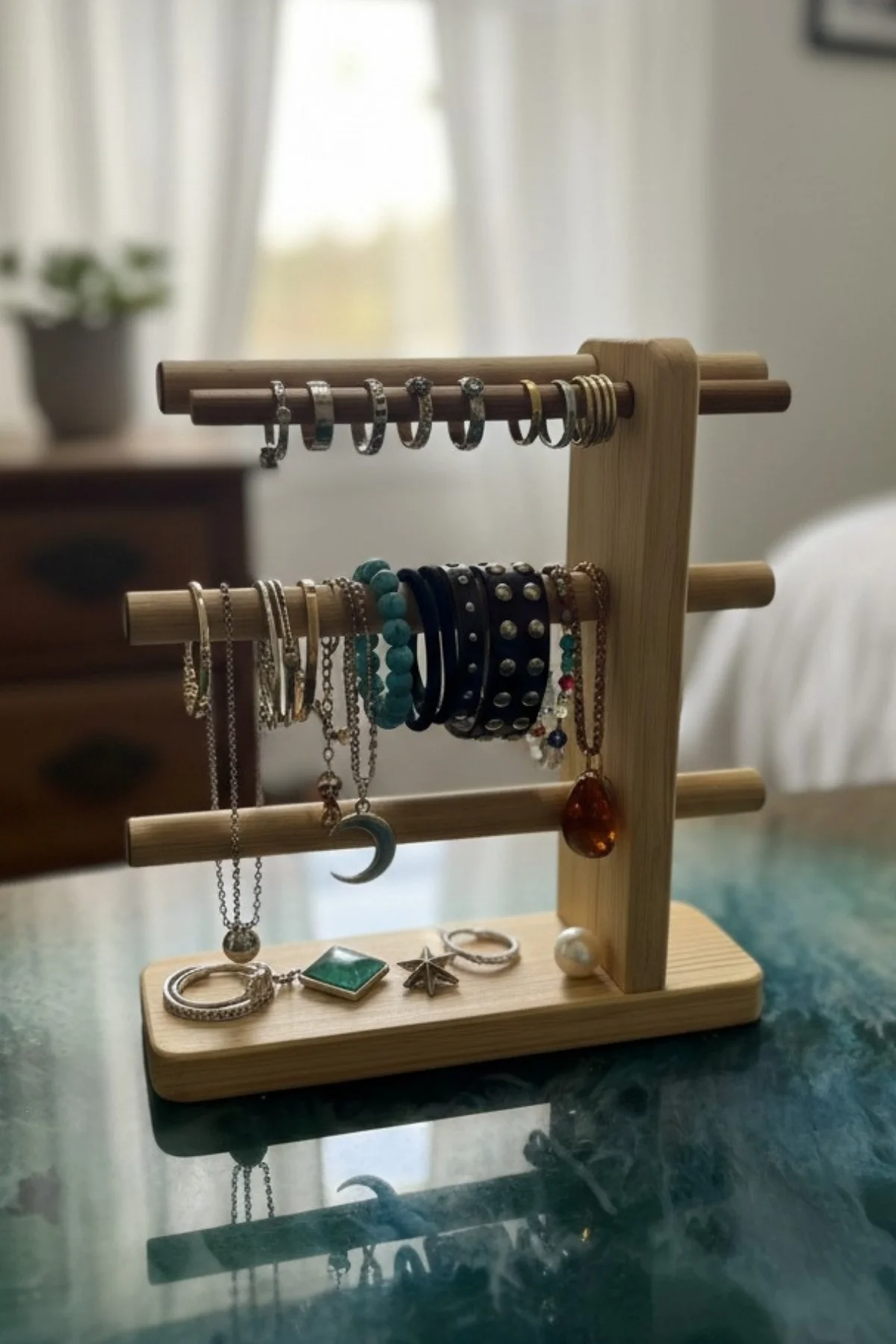 Yeni Nesil Ahşap Takı Düzenleyici, Modern 4 Kollu Takı Organizeri