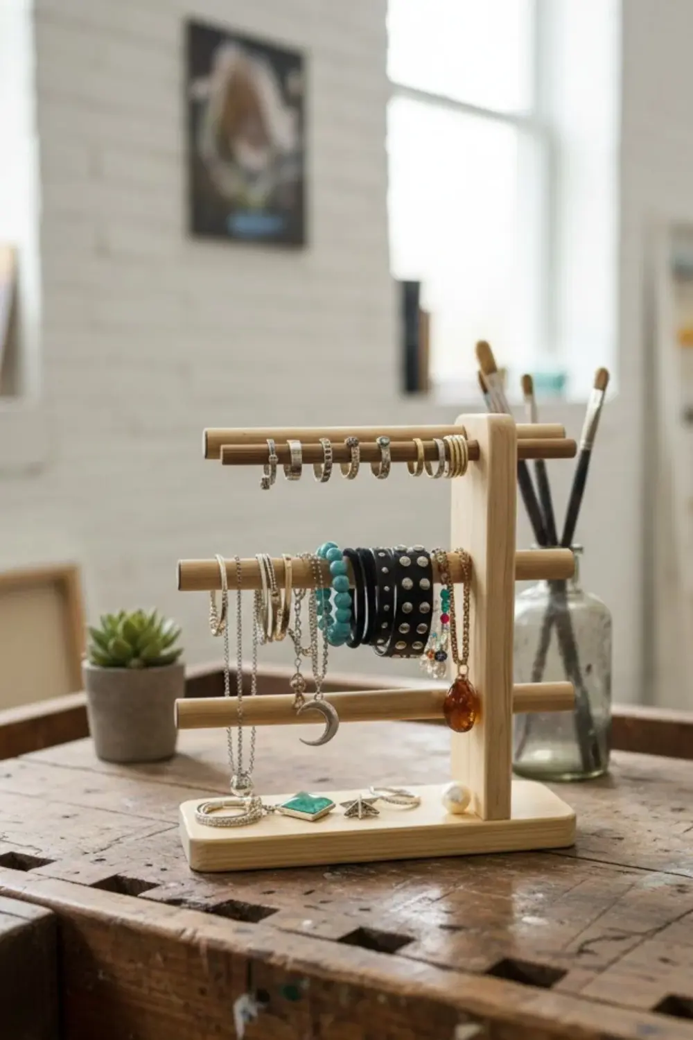 Yeni Nesil Ahşap Takı Düzenleyici, Modern 4 Kollu Takı Organizeri Yeni Nesil Ahşap Takı Düzenleyici, Modern 4 Kollu Takı Organizeri