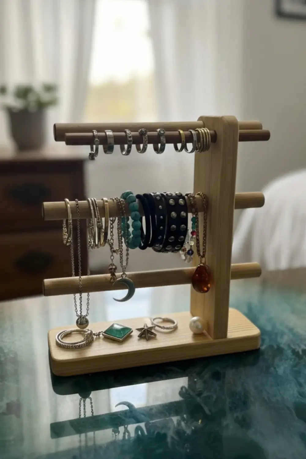 Yeni Nesil Ahşap Takı Düzenleyici, Modern 4 Kollu Takı Organizeri Yeni Nesil Ahşap Takı Düzenleyici, Modern 4 Kollu Takı Organizeri