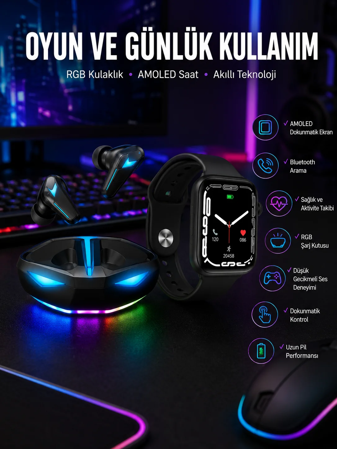 Yeni Nesil Akıllı Saat ve Kablosuz Kulaklık Kampanyası İkili Set Bluetooth Bağlantılı