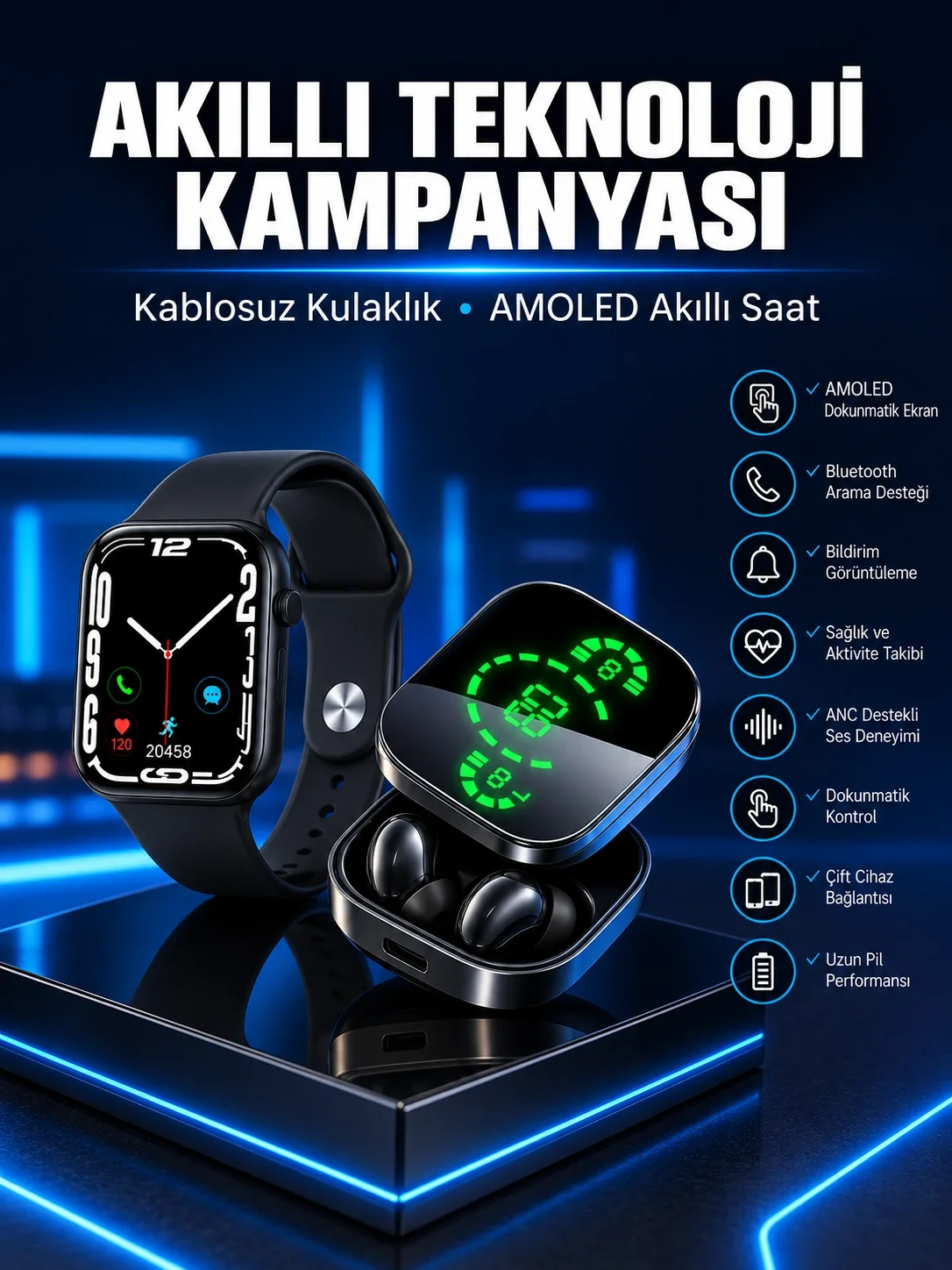 Yeni Nesil Akıllı Saat ve Ucuz Kaliteli Bluetooth Kablosuz Kulaklık Amoled Ekran Fiyatı, Yorumları ve Özellikleri