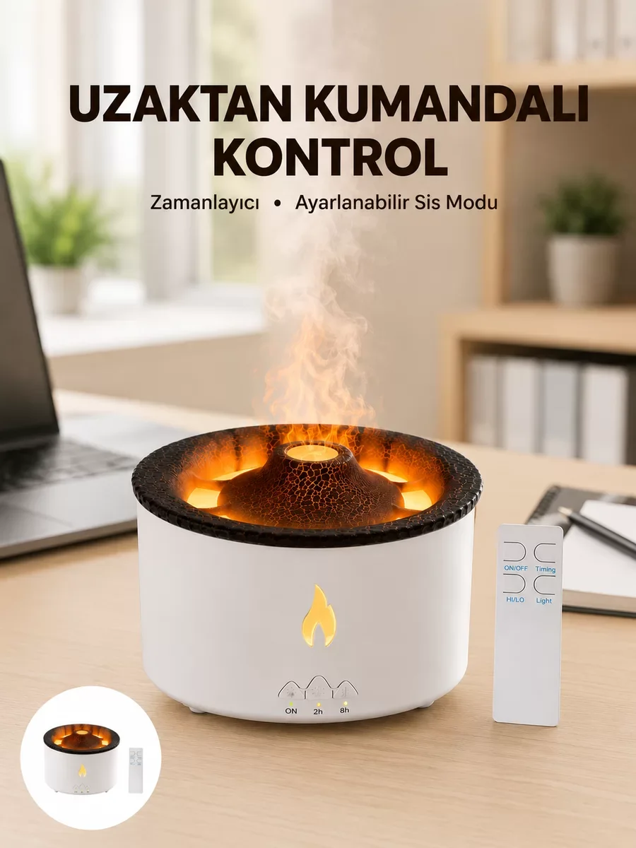 Yeni Nesil Alev Efektli Buhar Makinesi – Aromaterapi, Nemlendirme ve Işık Modlu Tasarım