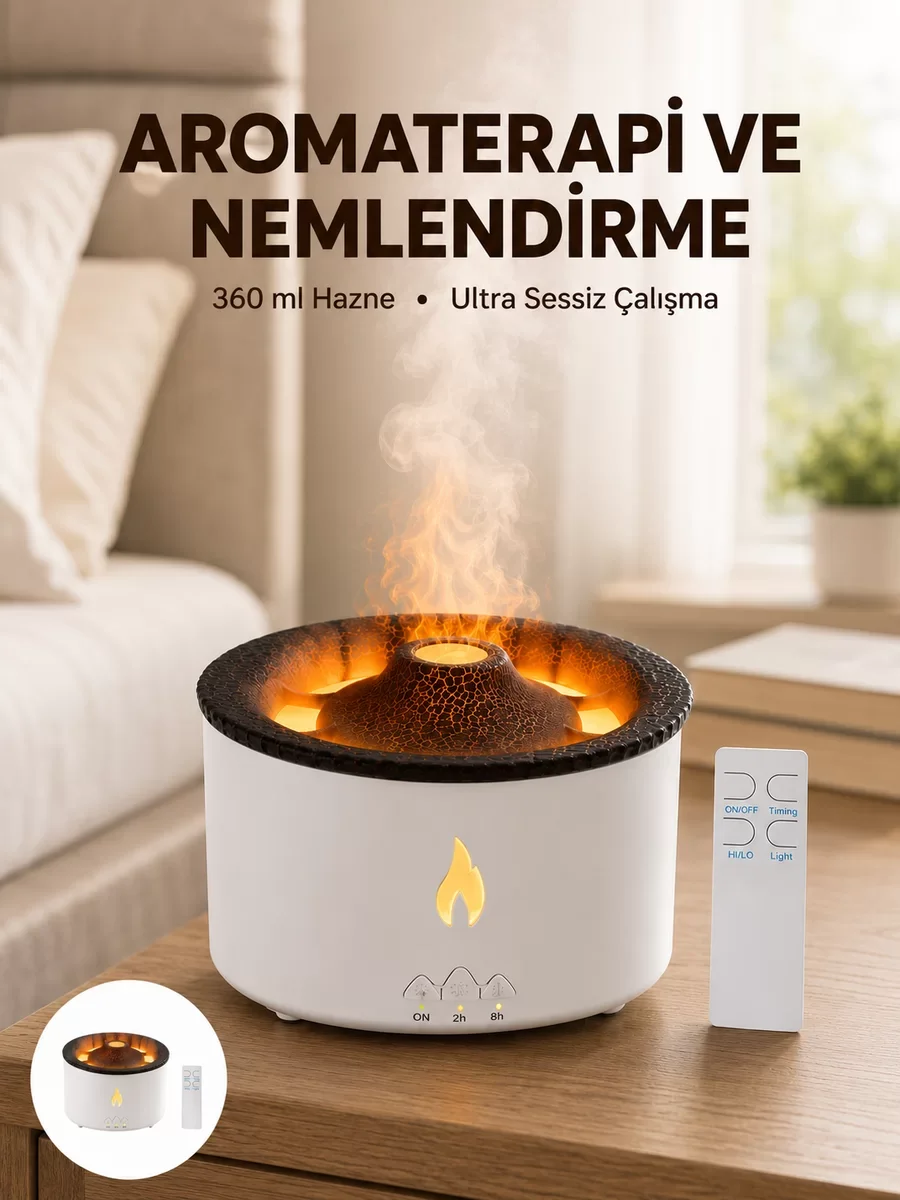 Yeni Nesil Alev Efektli Aromaterapi Difüzörü 360ml Sessiz & Zamanlayıcı