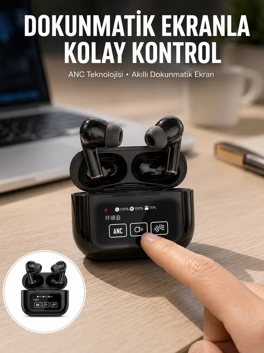 Yeni Nesil ANC Özellikli Dokunmatik Ekranlı Bluetooth Kulaklık Siyah - Otomatik Bağlantı ve Powerbank Özellikli
