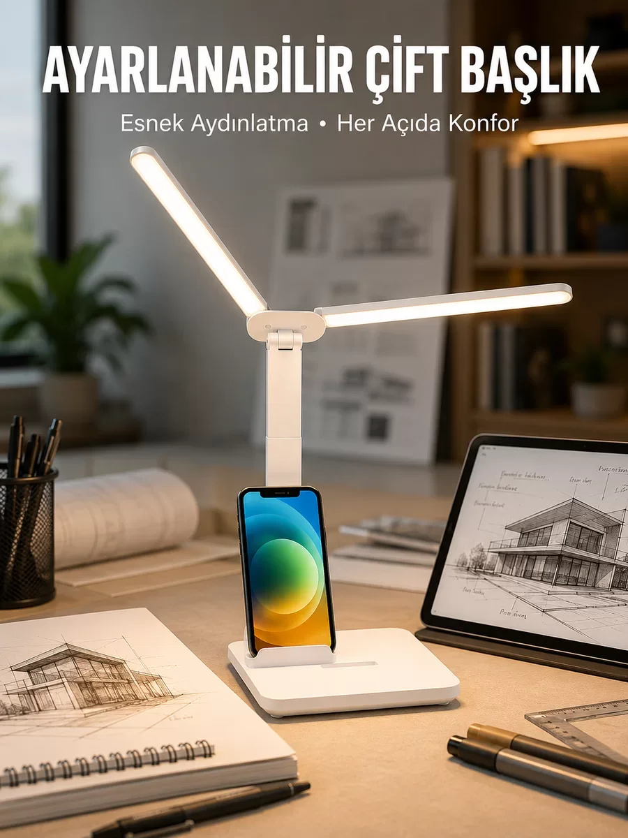 Yeni Nesil Ayarlanabilir Kısılabilir LED Masa Lambası - Entegre Kalemlik ve Telefon Tutuculu