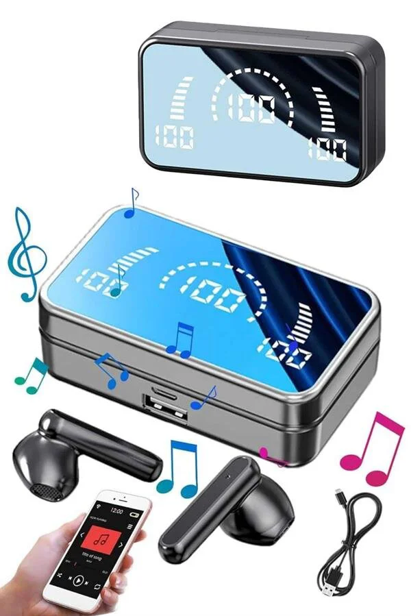 Yeni Nesil Aynalı Powerbank Özellikli Kablosuz Kulaklık - Bluetooth Dijital Gösterge ve 2000mAh Şarj Kutusu