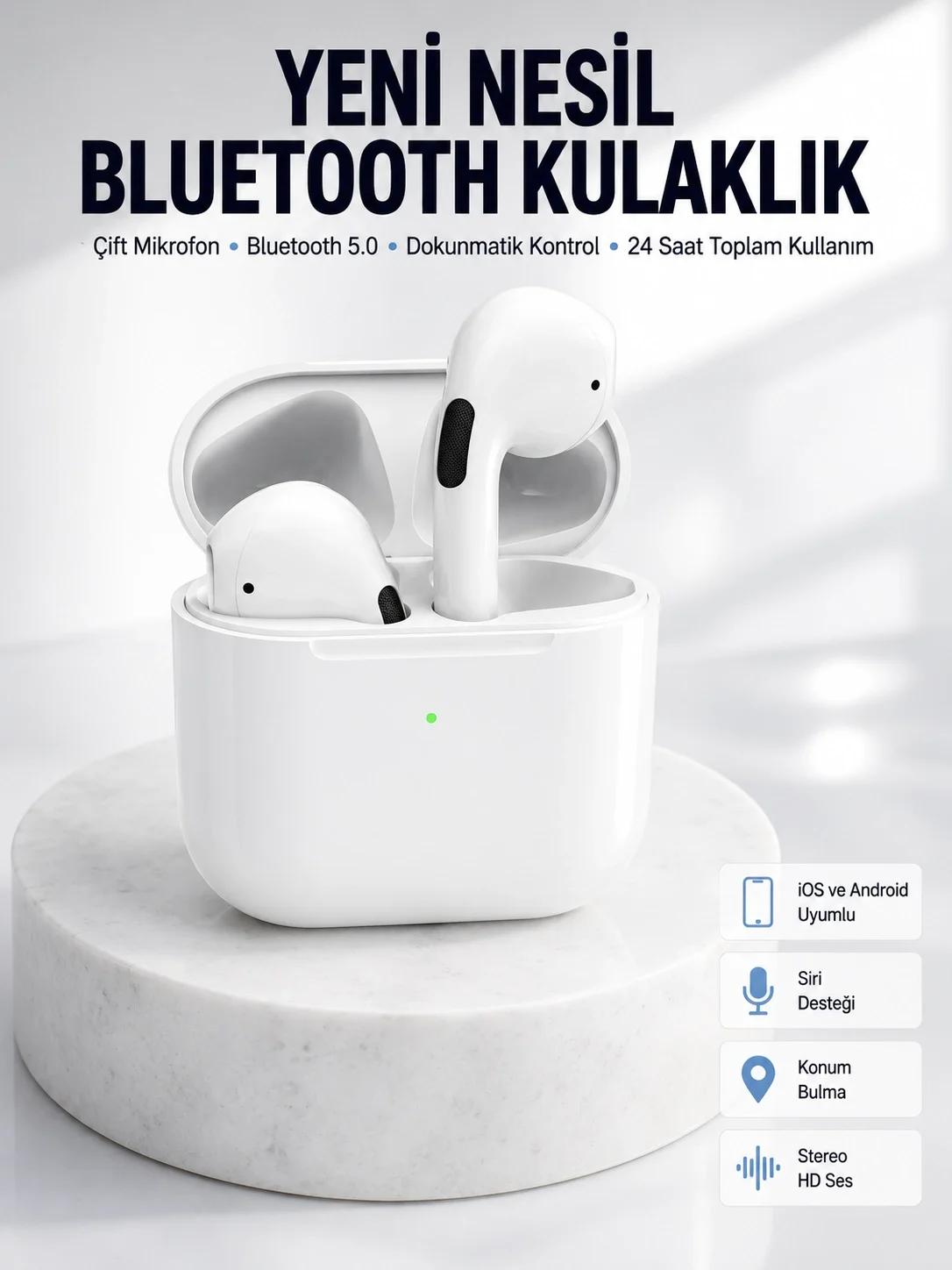 Yeni Nesil Bluetooth Kulaklık Beyaz Çağrı Cevaplayabilen Kablosuz