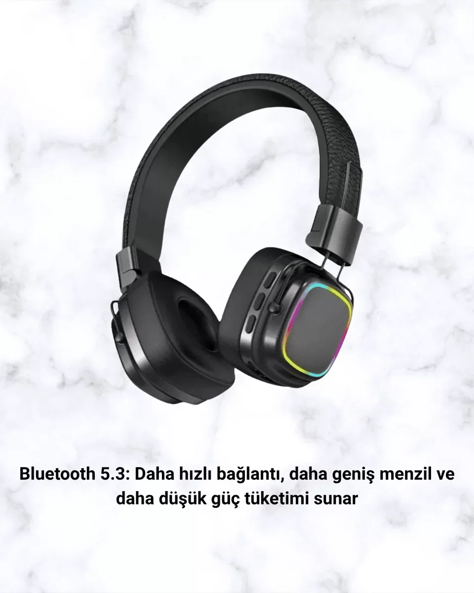 Yeni Nesil Bluetooth 5.3 Kablosuz Kulak Üstü Kulaklık - Rainbow Işıklı Tasarım ve Gelişmiş Bağlantı