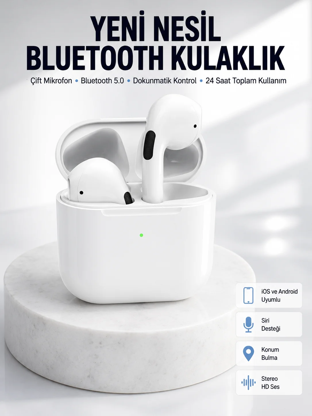 Yeni Nesil Bluetooth Kulaklık Beyaz Çağrı Cevaplayabilen Kablosuz