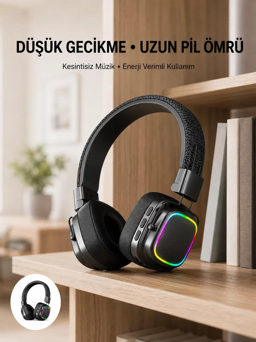 Yeni Nesil Bluetooth 5.3 Kablosuz Kulak Üstü Kulaklık - Rainbow Işıklı Tasarım ve Gelişmiş Bağlantı