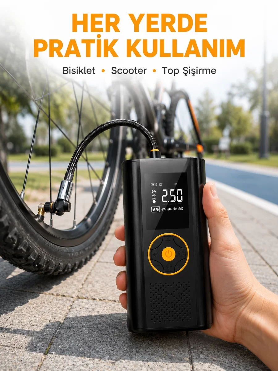 Yeni Nesil Çok Amaçlı Dijital Lastik Pompası - Otomatik Durma ve Bisiklet/Uyumluluk
