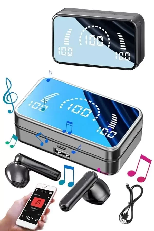 Yeni Nesil Kablosuz Kulaklık Aynalı Powerbank Özellikli Bluetooth Bağlantılı Dijital Göstergeli - Lisinya