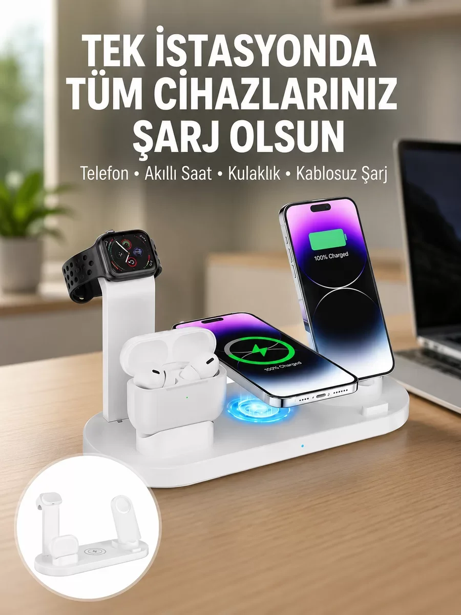 Yeni Nesil Kablosuz Şarj İstasyonu - Evde Ofiste Seyahatte Kullanılan Kusursuz Çoklu Şarj Aleti