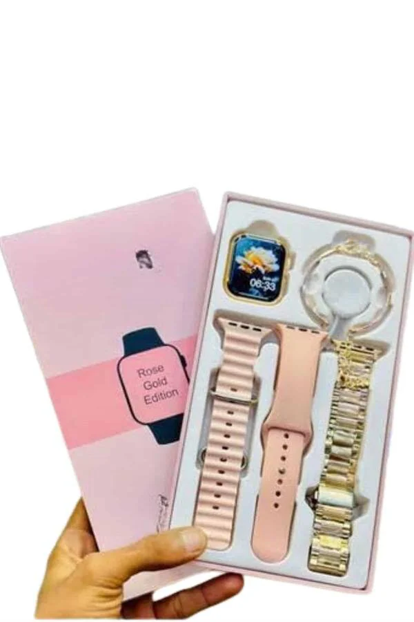 Yeni Nesil Kadın Akıllı Saat Rose Gold - Android ve iOS Uyumlu (3 Kordonlu Hediye Paketi)