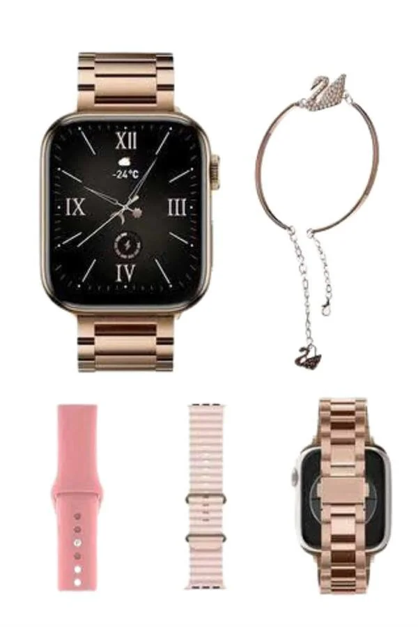 Yeni Nesil Kadın Akıllı Saat Rose Gold - Android ve iOS Uyumlu (3 Kordonlu Hediye Paketi)