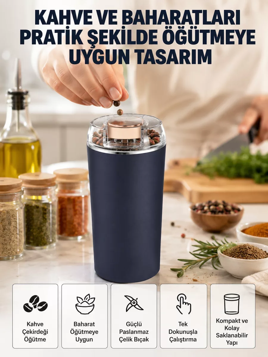 Yeni Nesil Kahve ve Baharat Öğütücü - 200 Watt Paslanmaz Çelik Kahve Değirmeni (Lezzet Makinesi 3000)