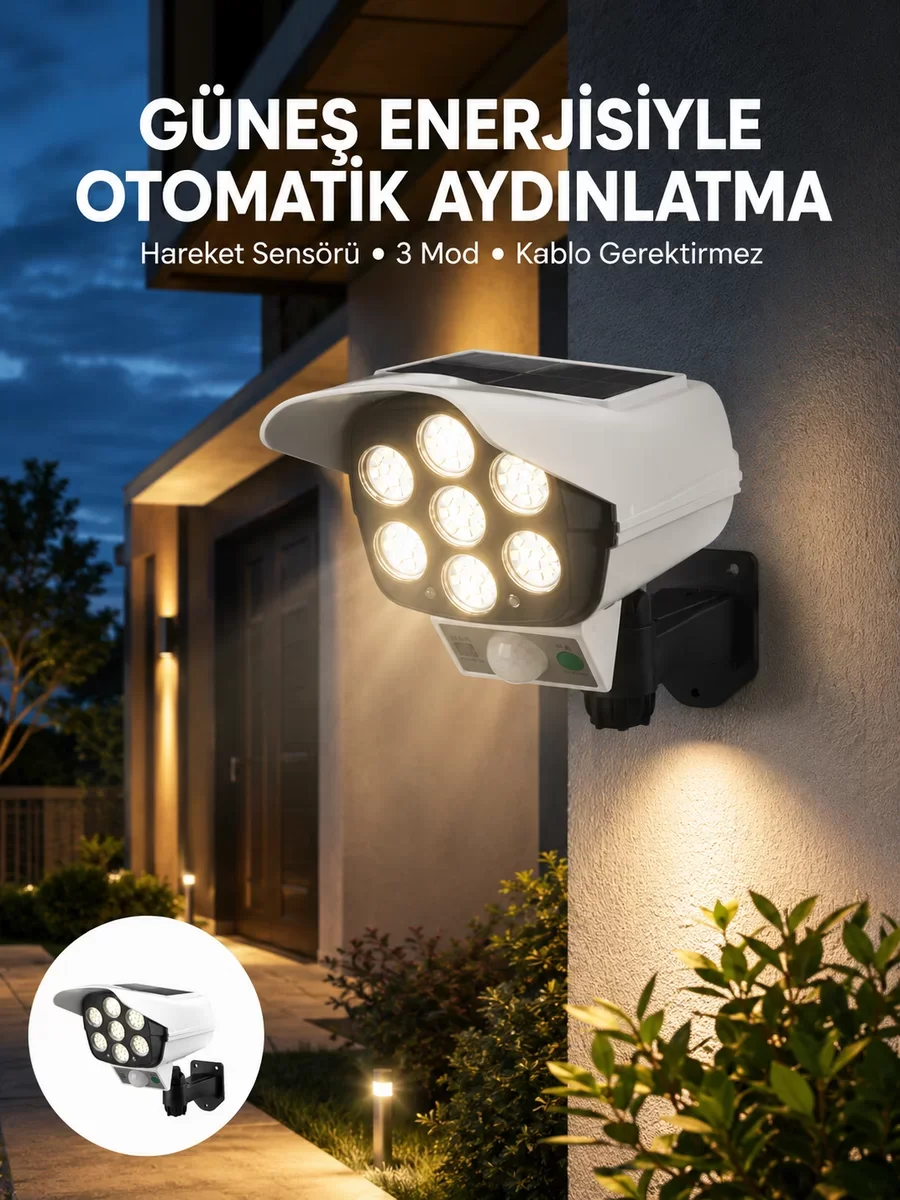 Yeni Nesil Kamera Tipi Güneş Enerjili LED Güvenlik Lambası Hareket Sensörlü