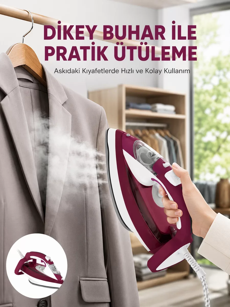 Yeni Nesil Kırmızı Buharlı Ütü 2200 Watt Seramik Tabanlı Yüksek Buhar Gücü