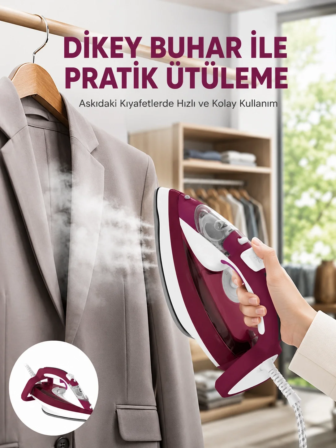 Yeni Nesil Kırmızı Buharlı Ütü 2200 Watt Seramik Tabanlı Yüksek Buhar Gücü