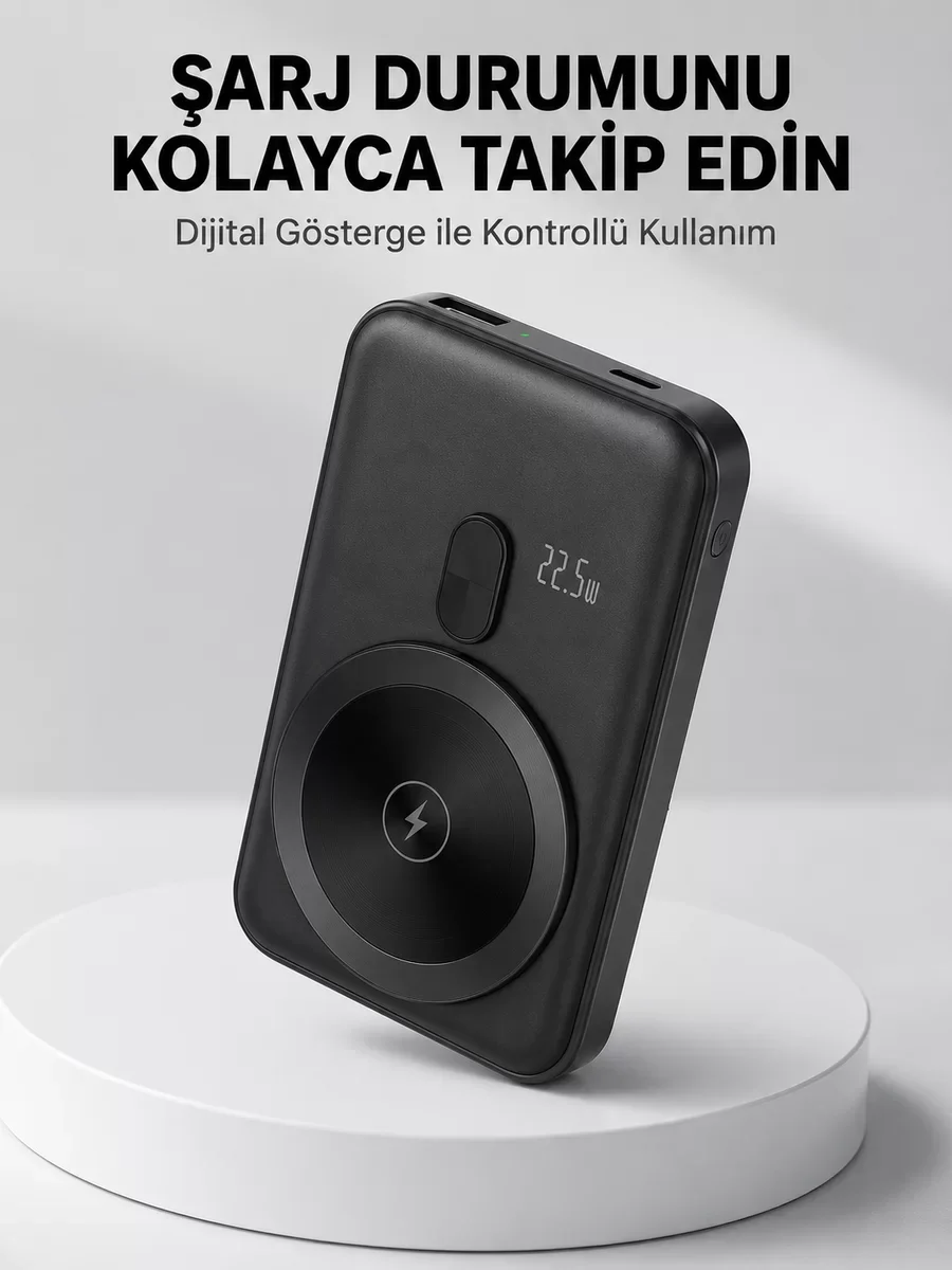 Yeni Nesil LCD Ekranlı Kablosuz Powerbank - Type C & USB Hızlı Şarj