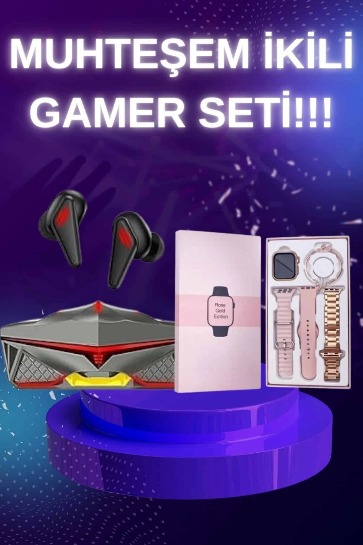 Yeni Nesil Pembe Dokunmatik Ekran Akıllı Saat ve Oyuncu Kulaklığı