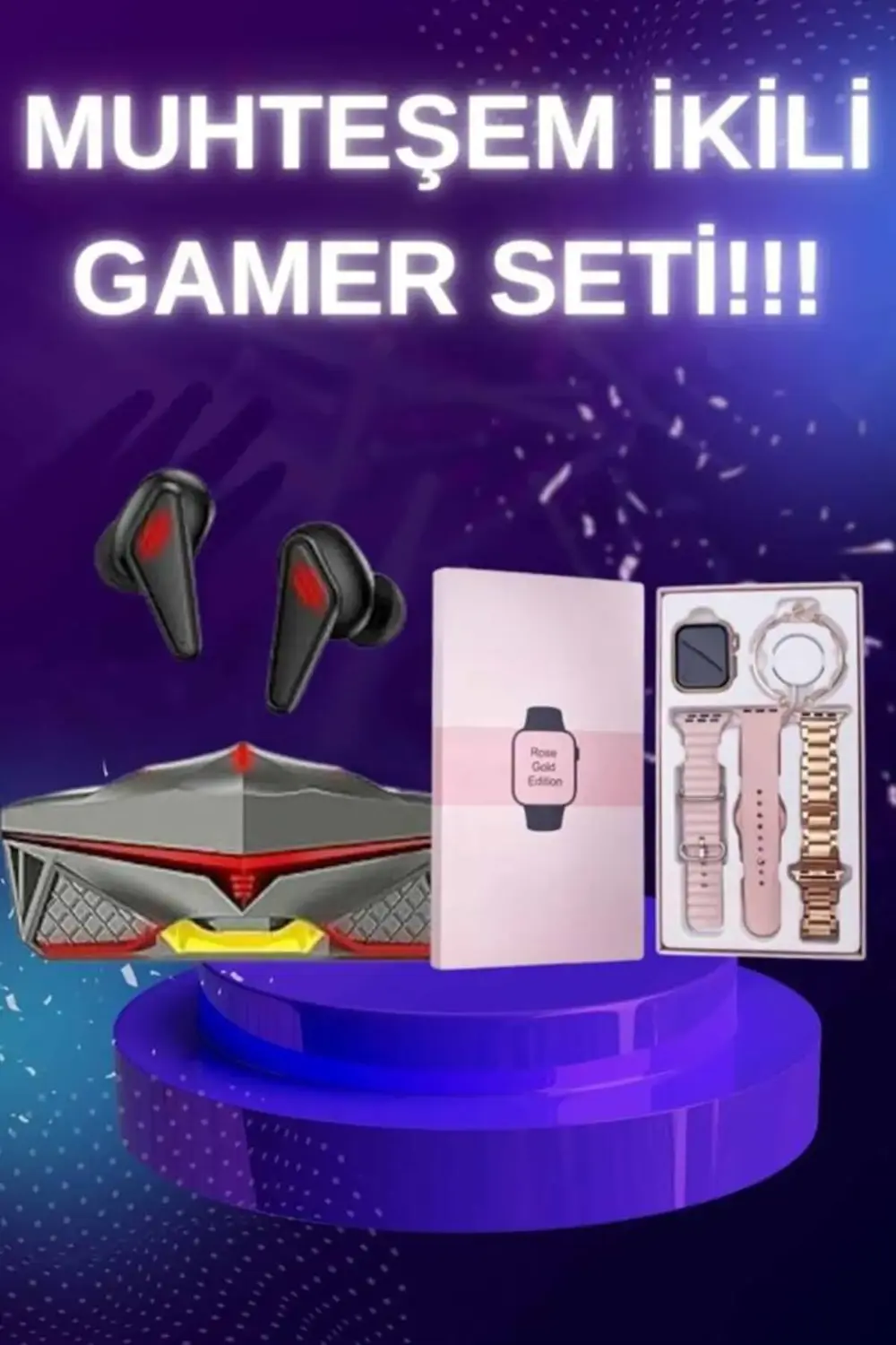 Yeni Nesil Pembe Dokunmatik Ekran Akıllı Saat ve Oyuncu Kulaklığı