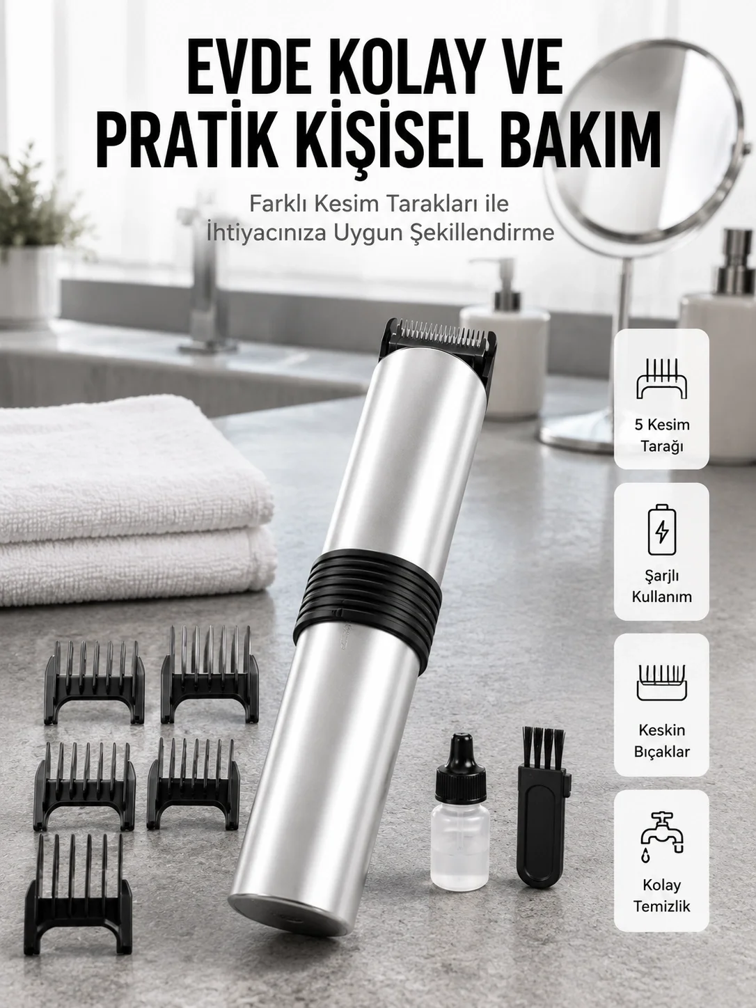 Yeni Nesil Profesyonel Şarjlı Saç Sakal Tıraş Makinesi Ayarlanabilir 4 Taraklı