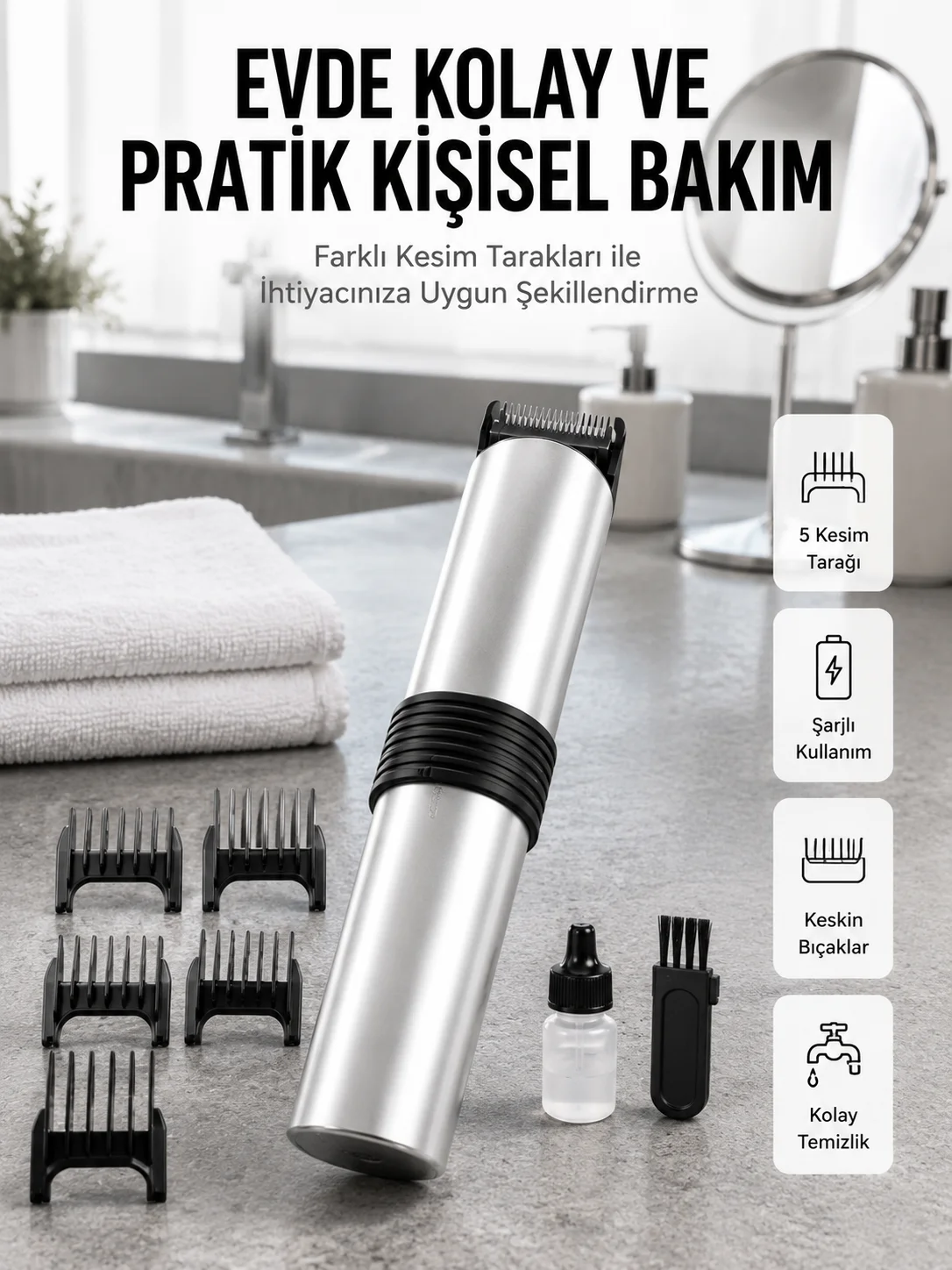 Yeni Nesil Profesyonel Şarjlı Saç Sakal Tıraş Makinesi Ayarlanabilir 4 Taraklı