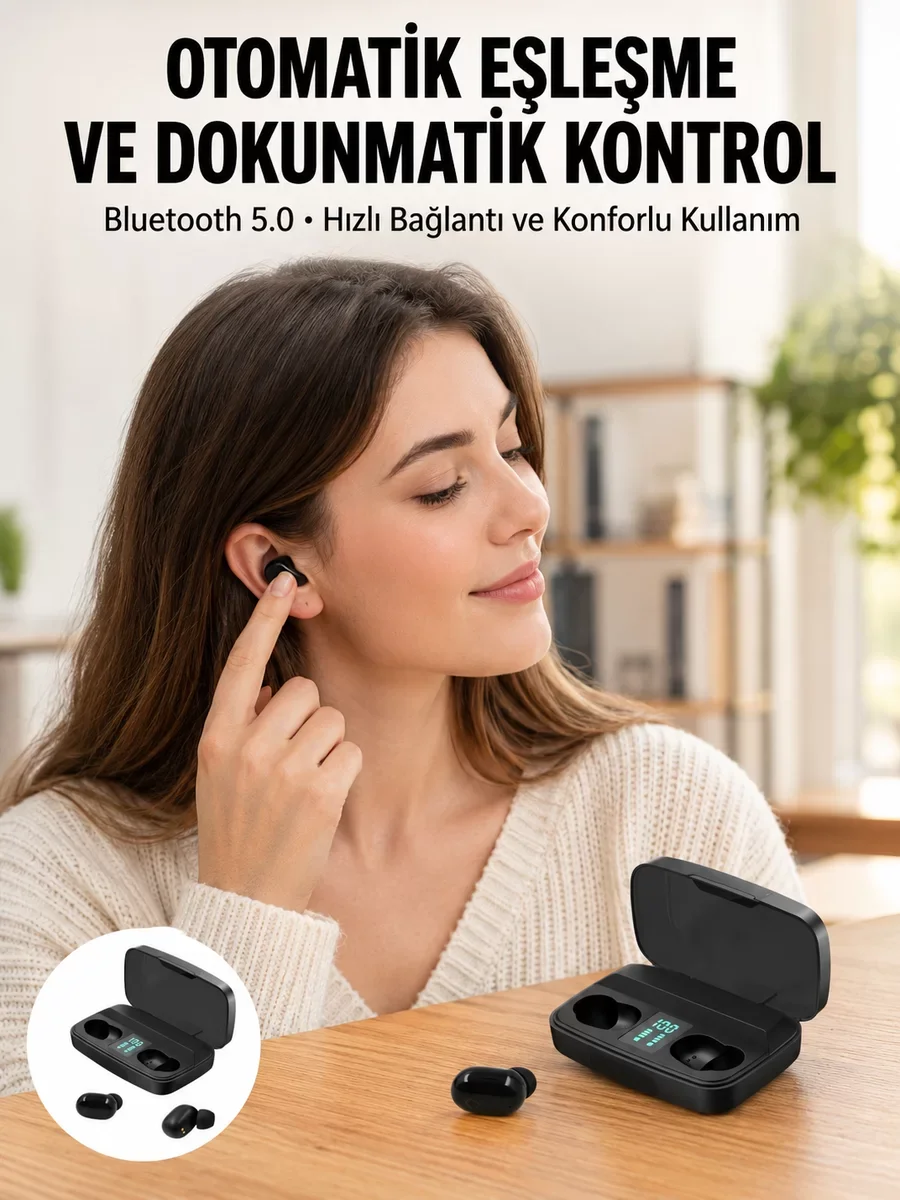 Yeni Nesil TWS Bluetooth Kulaklık 5.0 Dokunmatik Kontrol - Kablosuz Stereo ve 1800mAh Şarj Kutusu