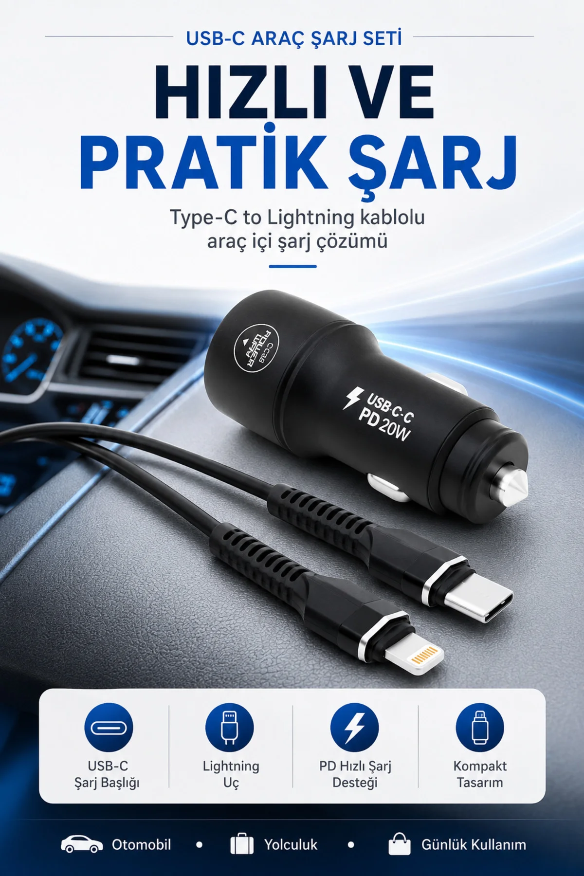 Yeni Nesil USB-C Araç Şarj Seti iPhone to Type-C Kablolu PD18W Hızlı Şarj Destekli Araç İçi Şarj Cihazı