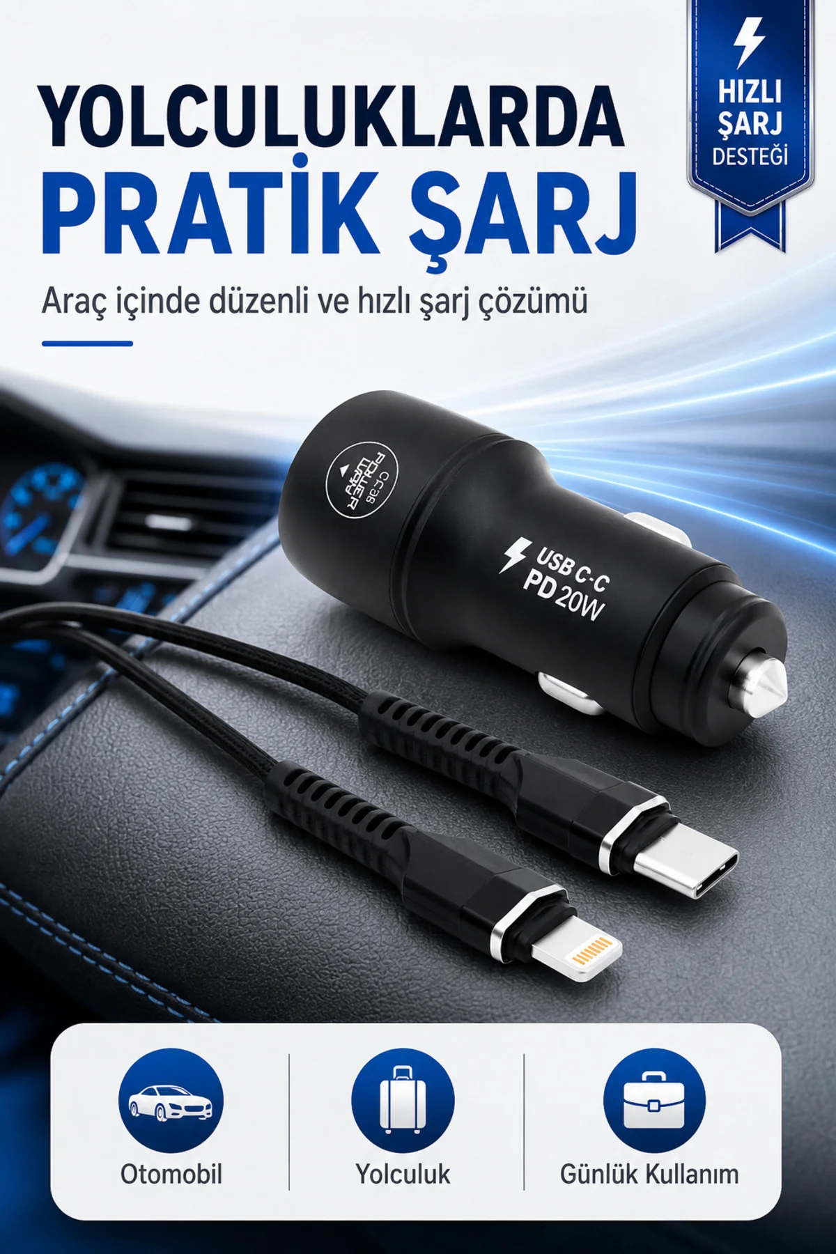 Yeni Nesil USB-C Araç Şarj Seti iPhone to Type-C Kablolu PD18W Hızlı Şarj Destekli Araç İçi Şarj Cihazı