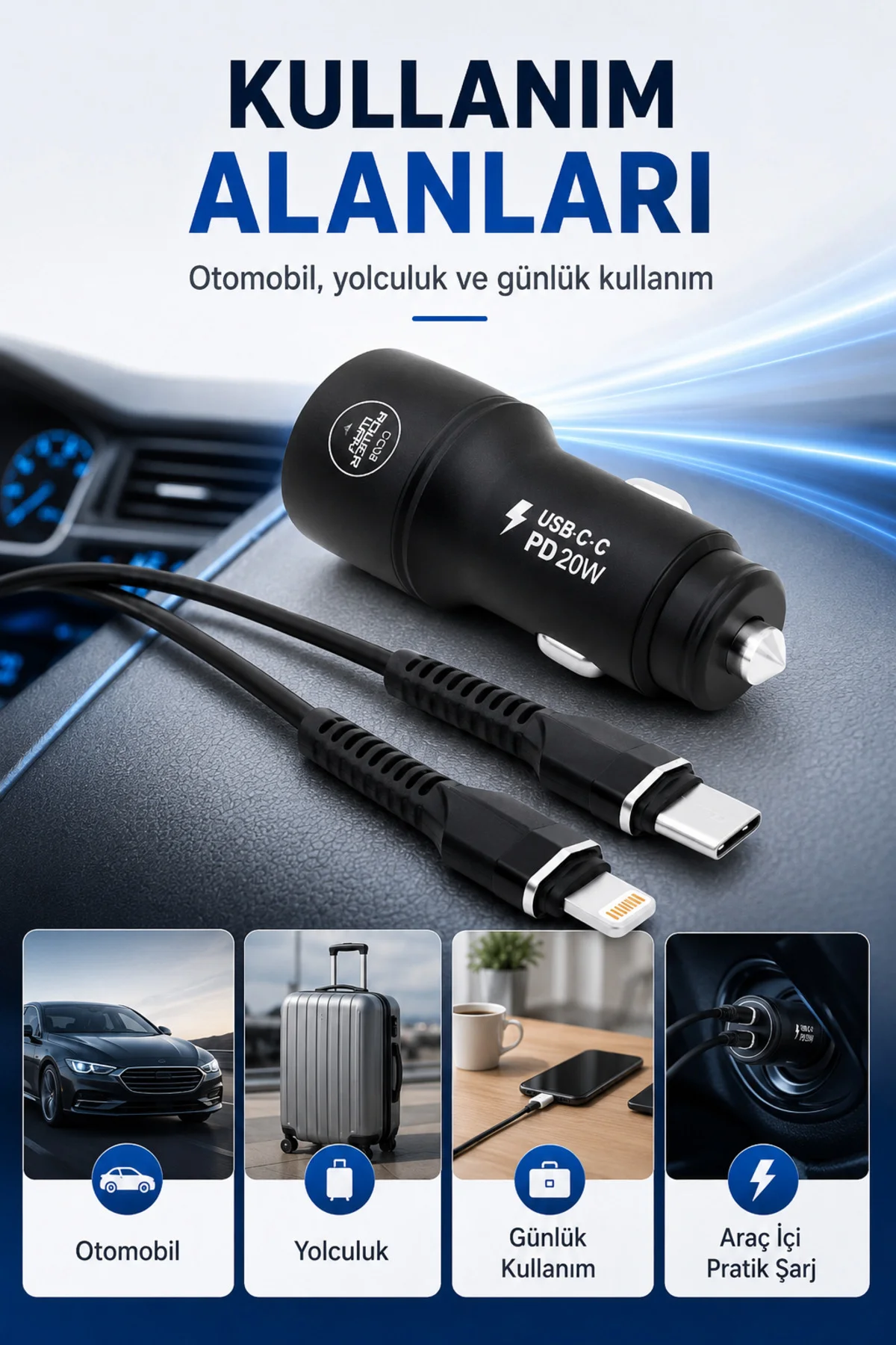 Yeni Nesil USB-C Araç Şarj Seti iPhone to Type-C Kablolu PD18W Hızlı Şarj Destekli Araç İçi Şarj Cihazı