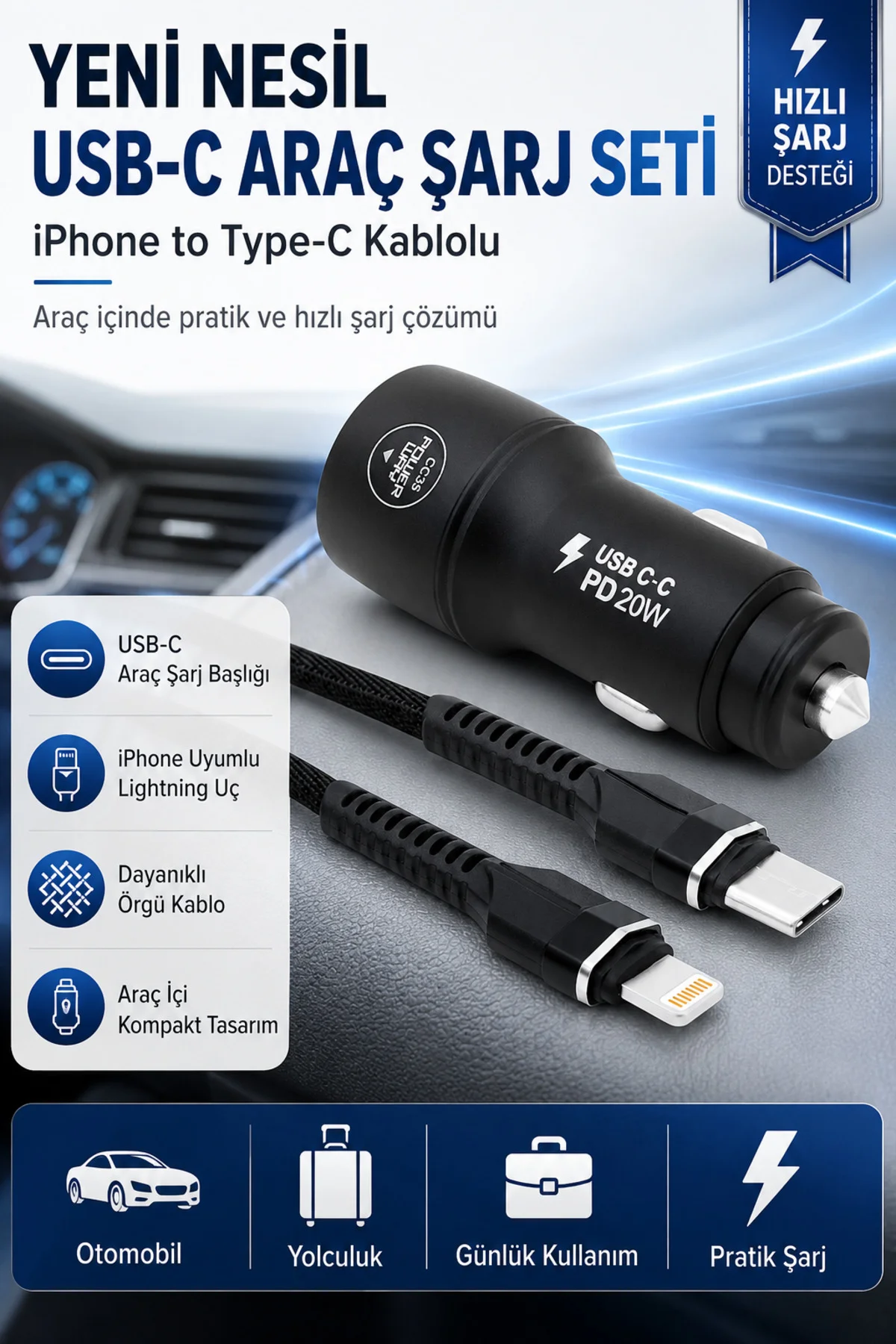 Yeni Nesil USB-C Araç Şarj Seti iPhone to Type-C Kablolu PD18W Hı