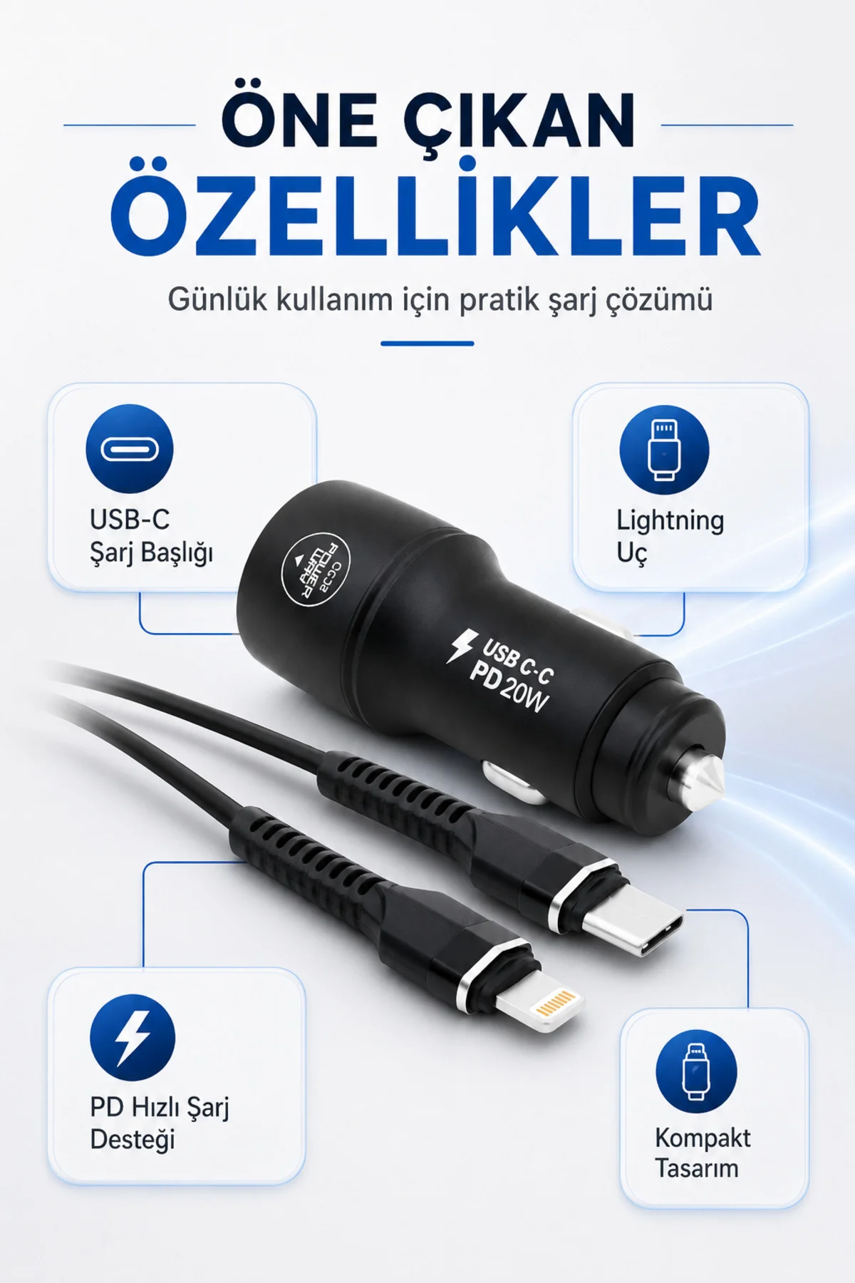 Yeni Nesil USB-C Araç Şarj Seti iPhone to Type-C Kablolu PD18W Hızlı Şarj Destekli Araç İçi Şarj Cihazı