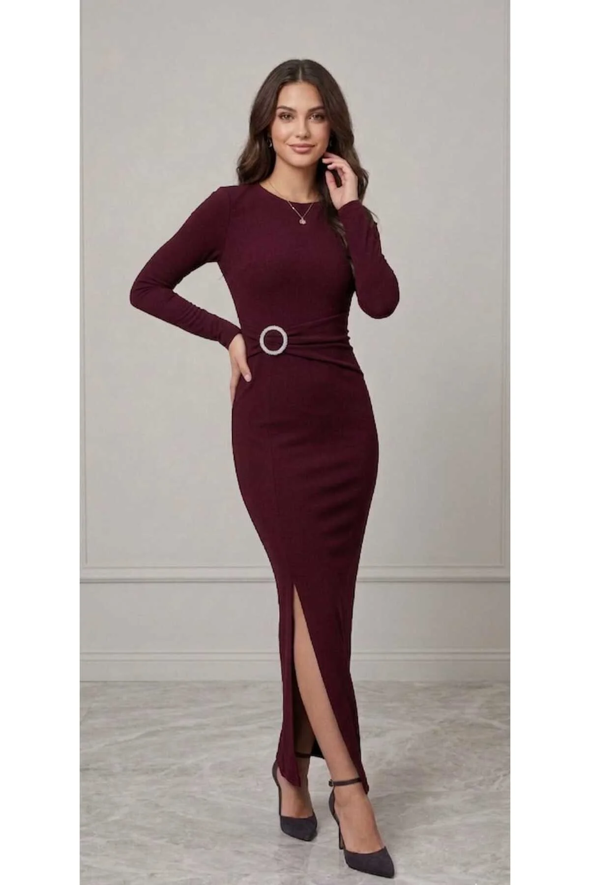 Yeni Sezon Yırtmaçlı Zara Model Krep Midi Boy Bordo Kadın Elbise Yeni Sezon Yırtmaçlı Zara Model Krep Midi Boy Bordo Kadın Elbise