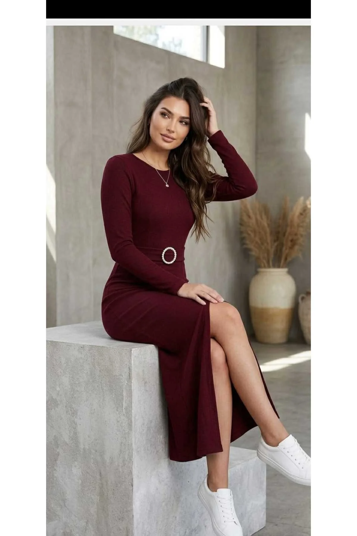Yeni Sezon Yırtmaçlı Zara Model Krep Midi Boy Bordo Kadın Elbise Yeni Sezon Yırtmaçlı Zara Model Krep Midi Boy Bordo Kadın Elbise - Görsel 3