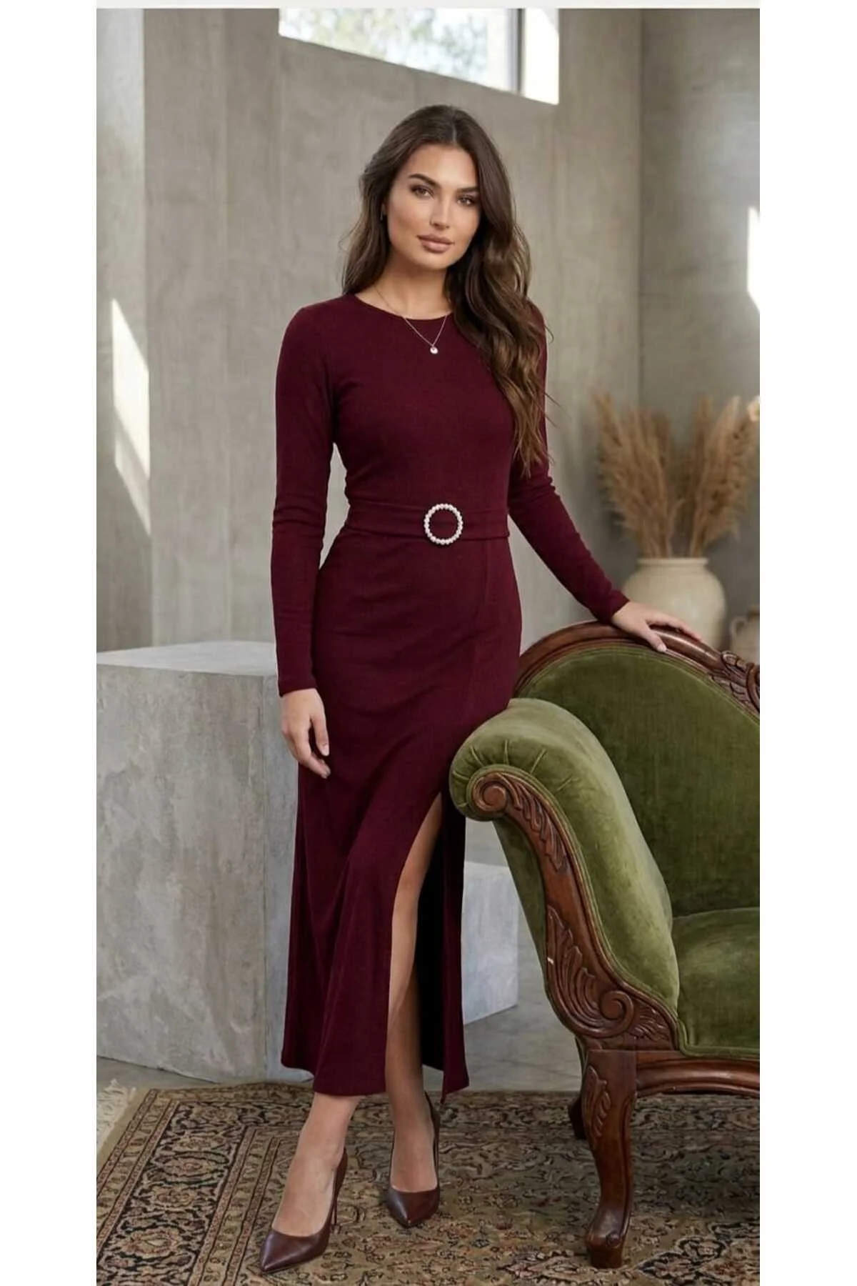 Yeni Sezon Yırtmaçlı Zara Model Krep Midi Boy Bordo Kadın Elbise Yeni Sezon Yırtmaçlı Zara Model Krep Midi Boy Bordo Kadın Elbise - Görsel 2