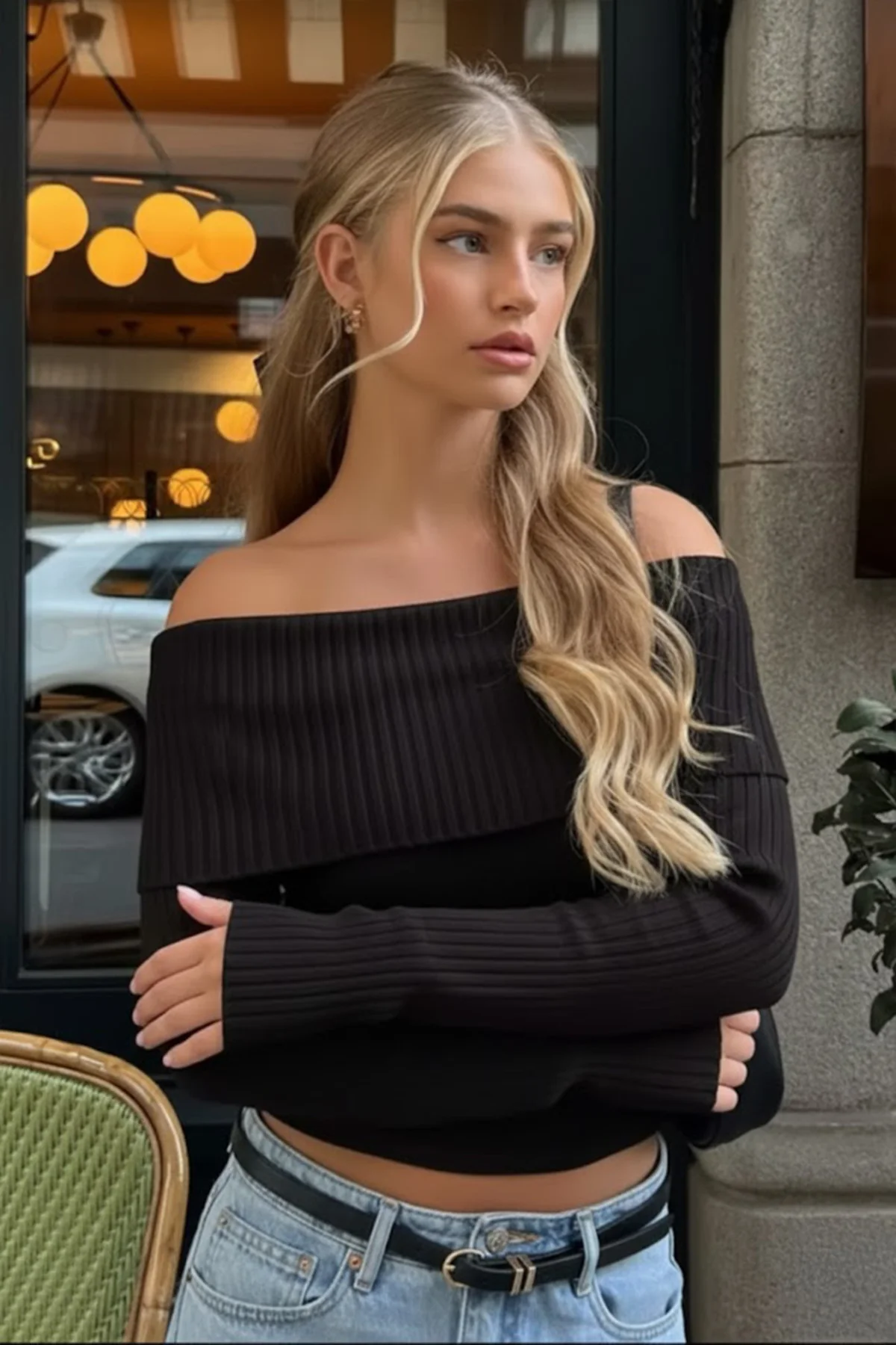 Yeni Siyah Şeritli Madonna Yaka Omuz Dekolteli Y2K Triko Uzun Kollu Crop Yeni Siyah Şeritli Madonna Yaka Omuz Dekolteli Y2K Triko Uzun Kollu Crop