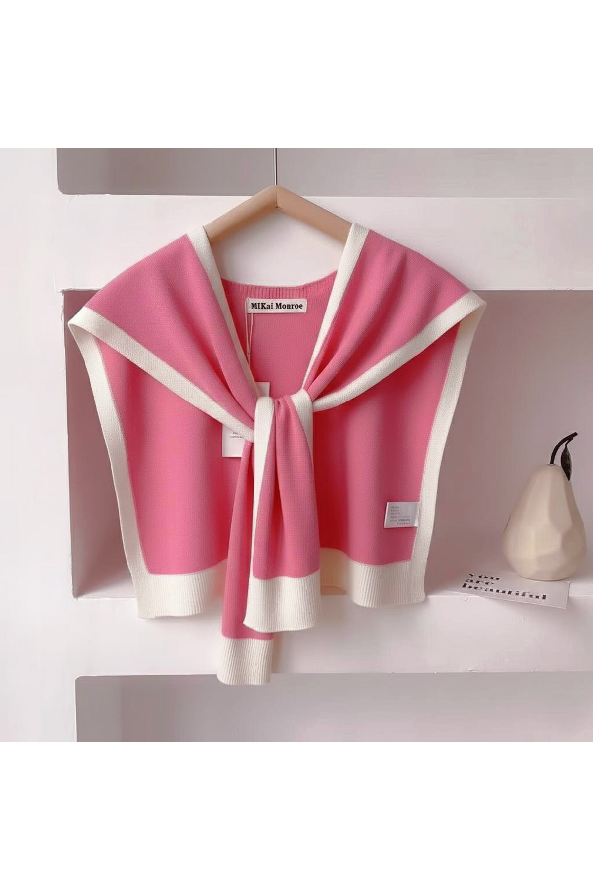 Yeni Stil Triko Omuz Şalı Pembe Beyaz Desenli