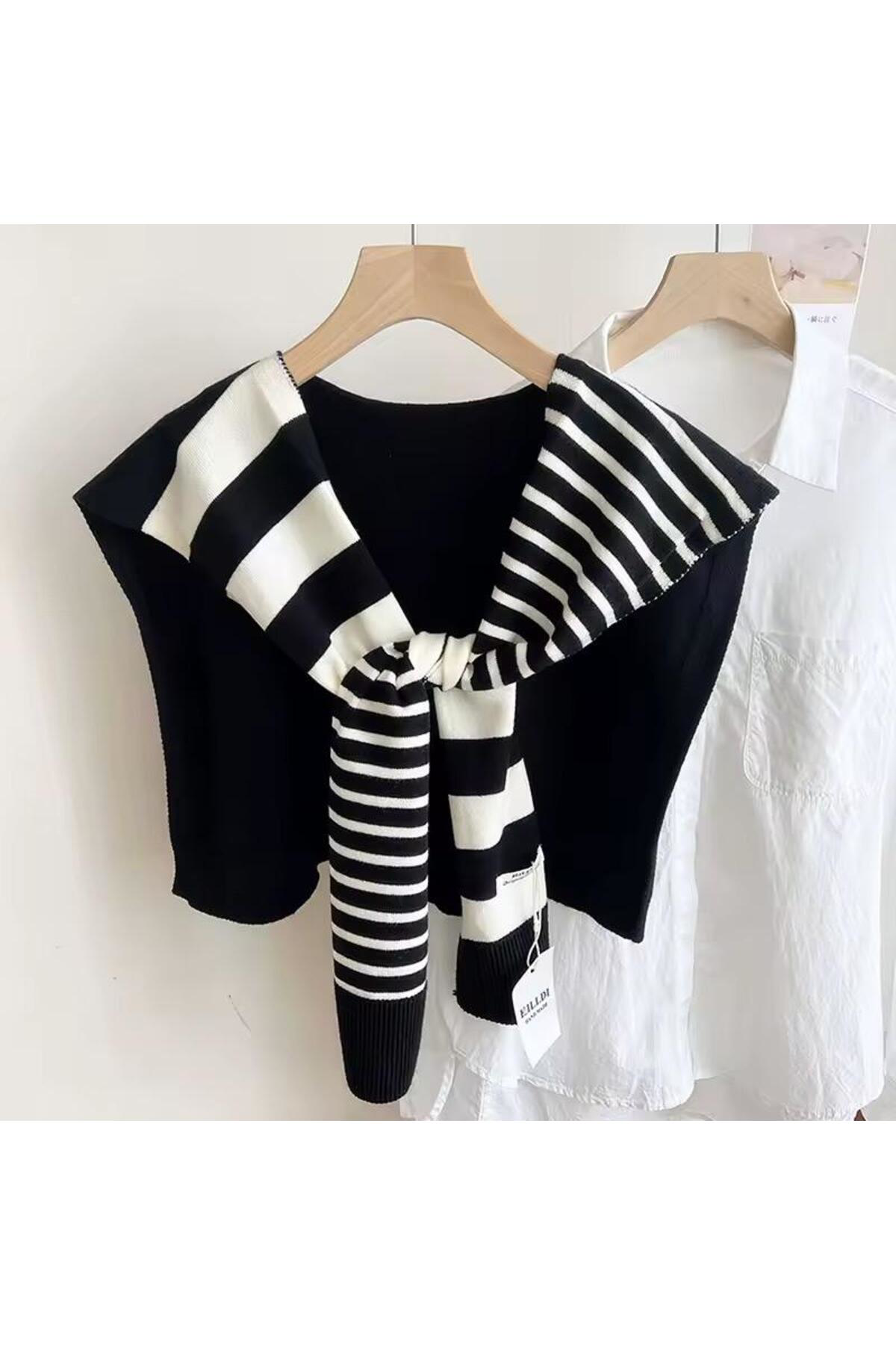 Yeni Stil Triko Omuz Şalı Siyah Beyaz Desenli