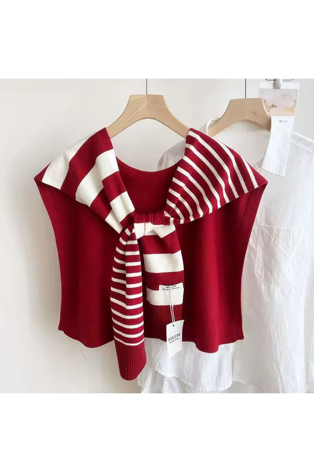 Yeni Stil Triko Omuz Şalı Kırmızı Beyaz Desenli