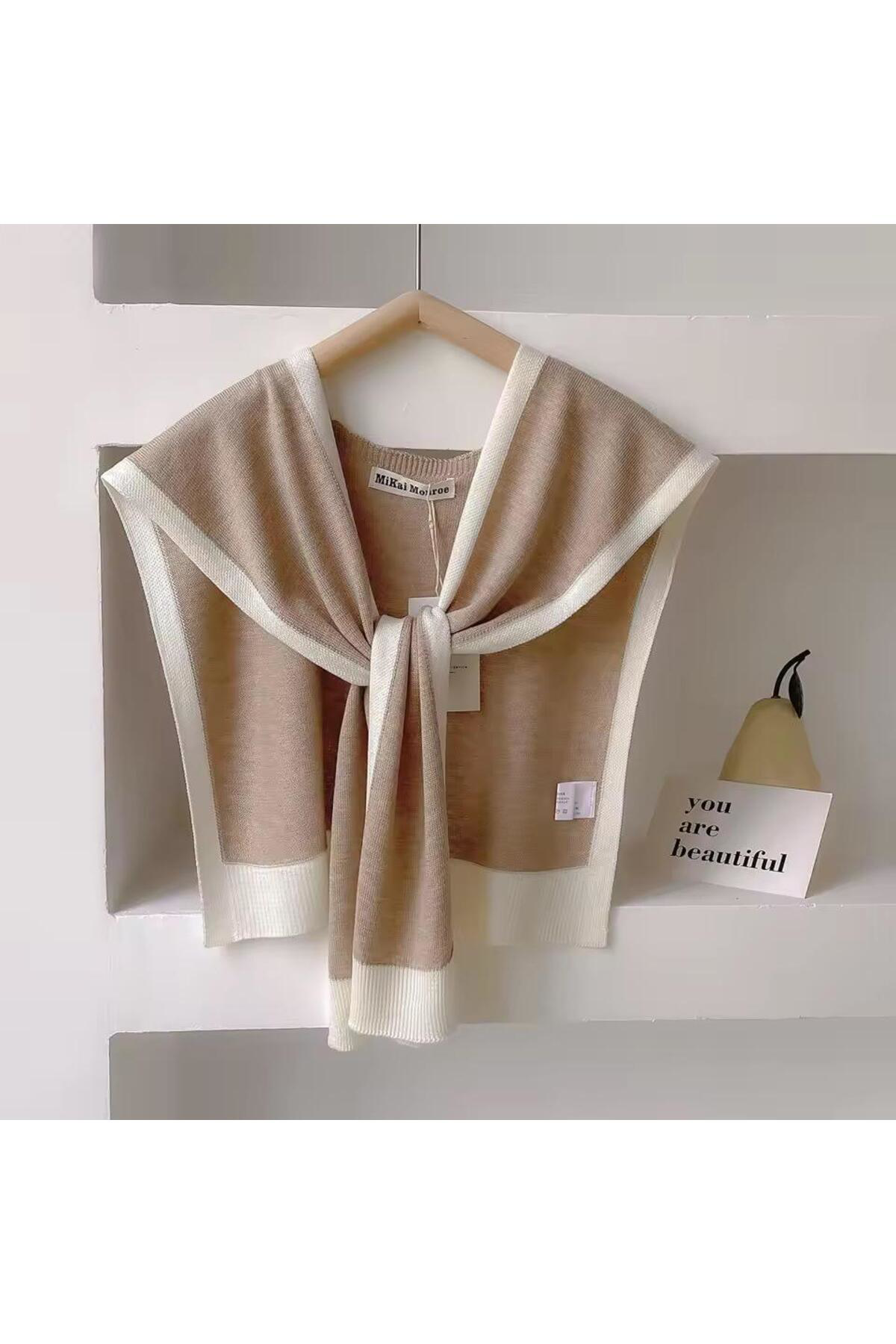 Yeni Stil Triko Omuz Şalı Sütlü Kahve Beyaz Desenli