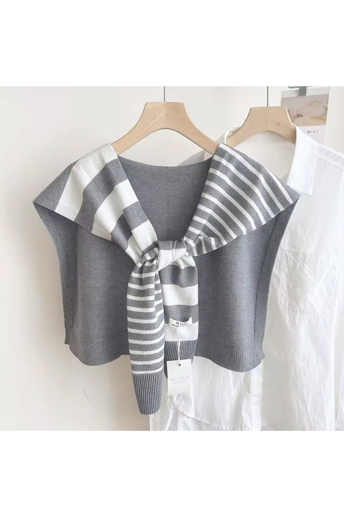 Yeni Stil Triko Omuz Şalı Gri Beyaz Desenli