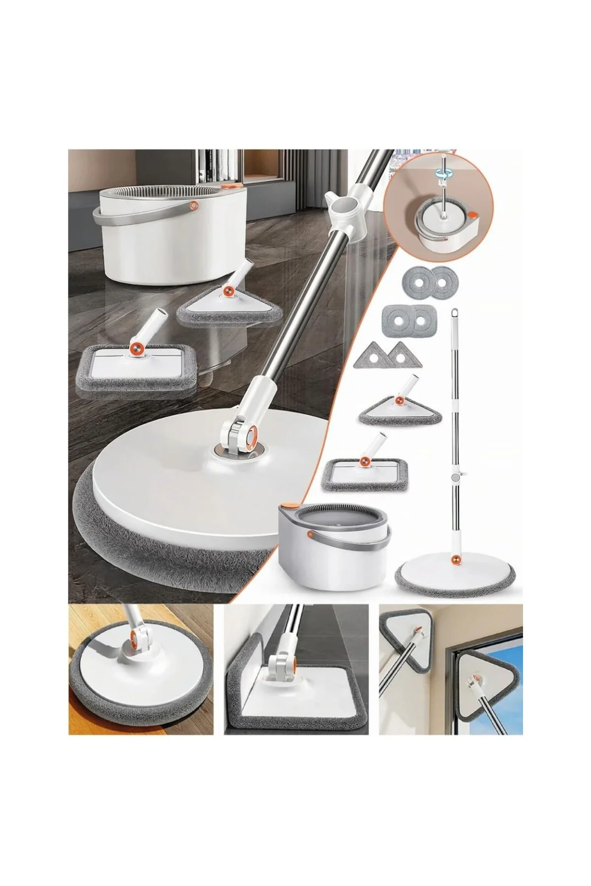 Yeni Tasarım Otomatik 360° Döner Mop ve Temizlik Seti, 3 Başlıklı