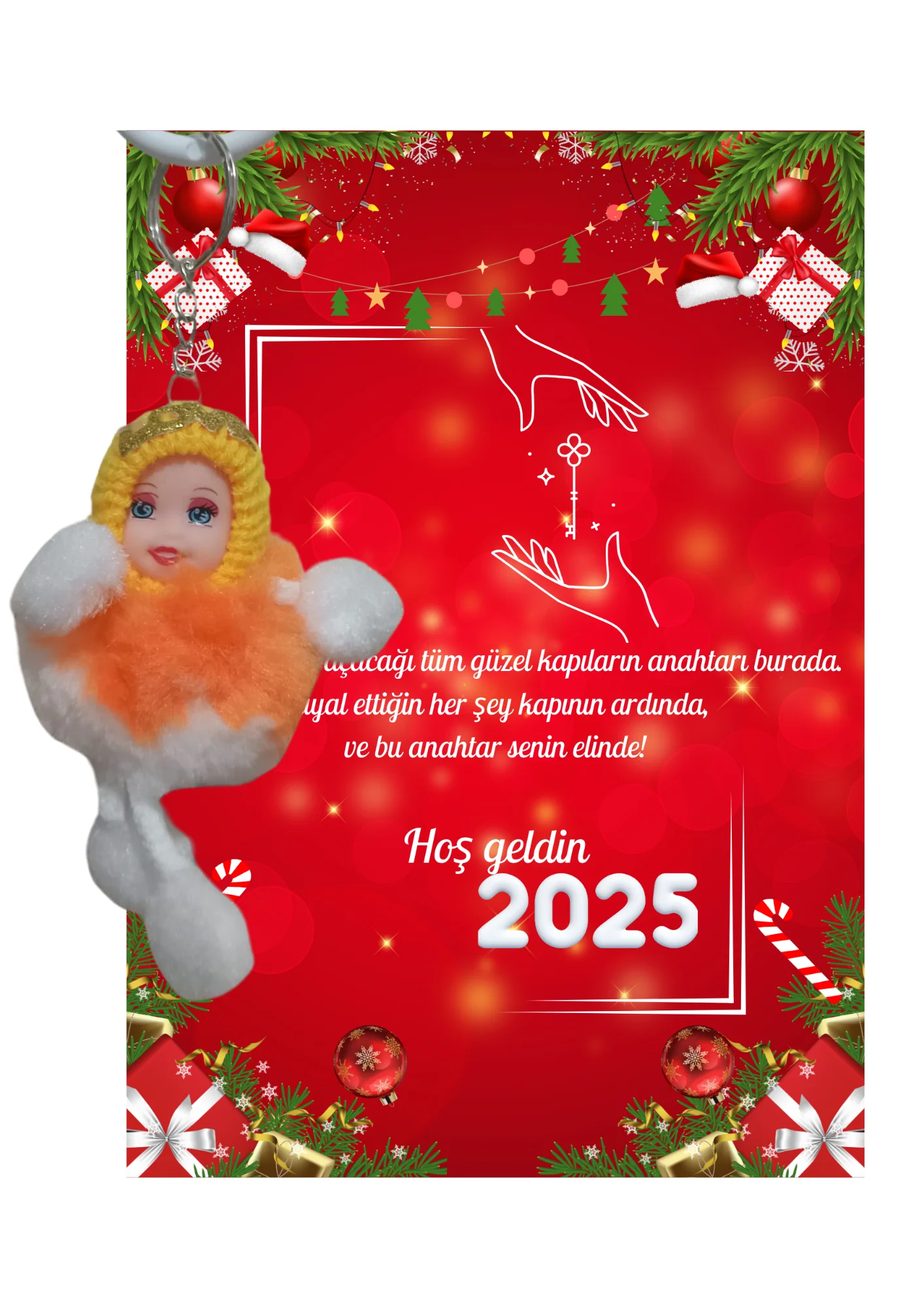 Yeni Yıl 2025 Kart Üzerinde Anahtarlık (Kişiye Özel Yazı Yazdırıl