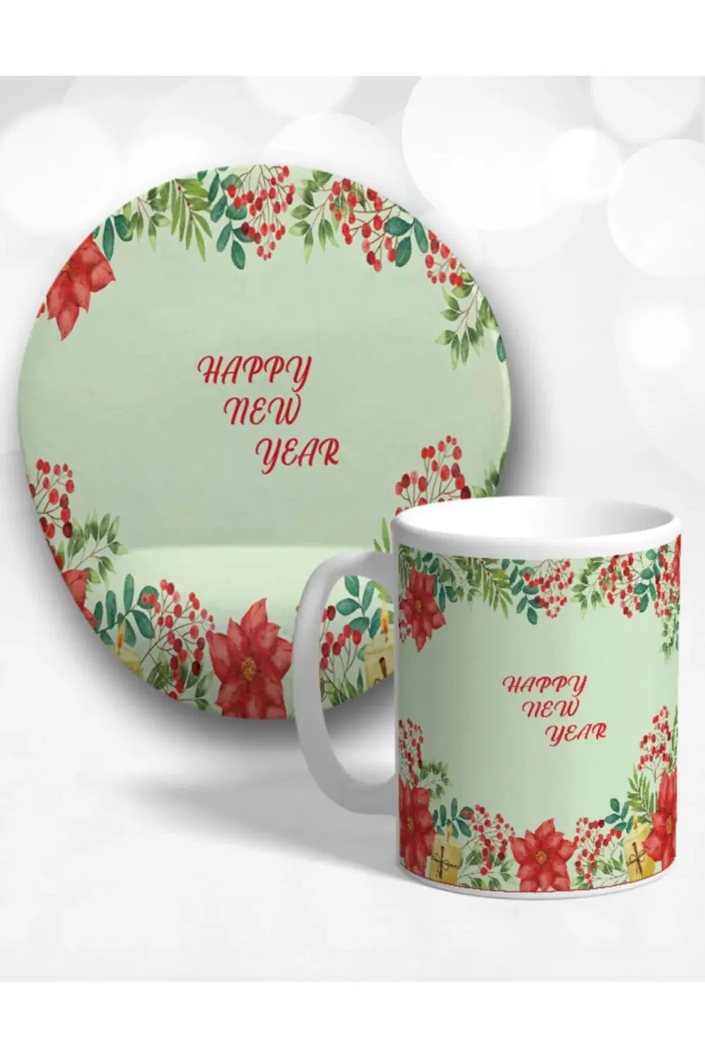 Yeni Yıl Çiçekleri Oval Bilek Destekli Mouse Pad Ve Kupa Bardak S