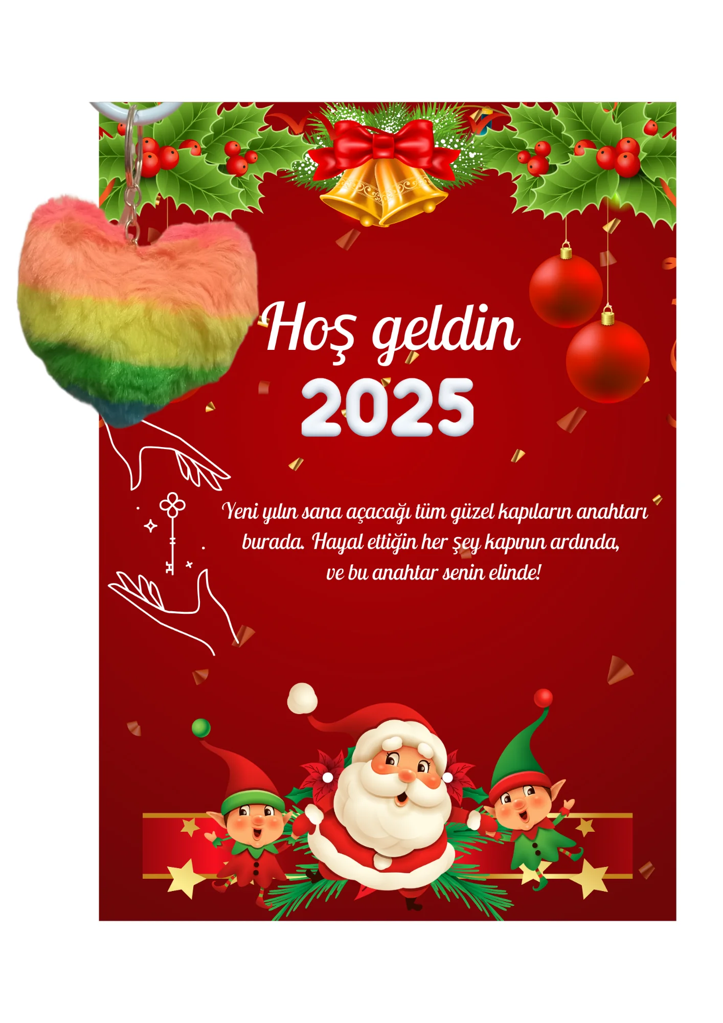 Yeni Yıl Noel Baba Kart Üzerinde Anahtarlık (Kişiye Özel Yazı Yaz